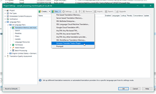 Trados Studio Project Settings window displaying Amazon Translate Plugin selected under Translation Memory and Automated Translation.