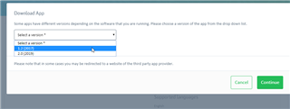 Trados Studio Download App window showing options to select a version, with 13.2.0.0 and 2.3.0.0 as available choices.