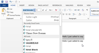 Screenshot of Microsoft Word showing the font selection dropdown with 'Arial Unicode MS' highlighted.