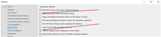 Trados Studio Options window showing Editor settings with 'Apply best match...' and 'Confirm segment after applying exact match' options checked.