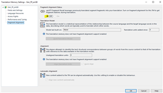 Screenshot of Trados Studio Translation Memory Settings with fragment matching options and a note on alignment quality.