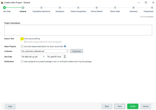 Trados Studio 'Create a New Project - General' window with 'Allow source editing' option ticked and other project settings.