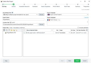 Trados Studio 'Create a New Project' window showing options for project name, source and target languages, and file addition for translation.