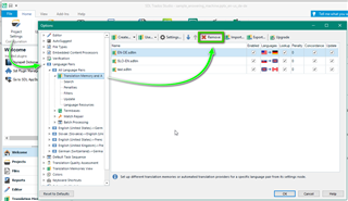 Trados Studio interface showing the 'New Project' option being selected with a green arrow pointing towards it.