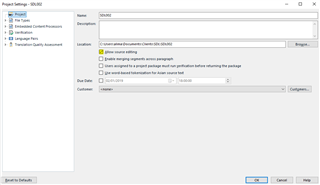 Trados Studio 'Project Settings' window displaying options to allow source editing and merging paragraphs, with a warning about returning the package.