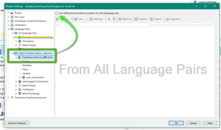 Image of Trados Studio Project Settings highlighting the English United States-German language pair with a note to un-tick 'Use different translation providers for this language pair'.
