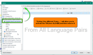 Trados Studio screenshot showing Global Settings with an arrow pointing to 'Use different translation providers for this language pair' checkbox and a note to un-tick and remove TM's.
