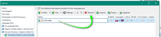 Screenshot of Trados Studio with a green arrow pointing to the 'Remove' button in the Translation Memory and Automated Translation window.