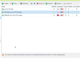 Trados Studio warning message indicating different translation memories or automated providers for certain language pairs.