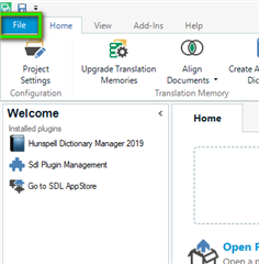 Trados Studio interface showing the FILE menu highlighted to access global settings.