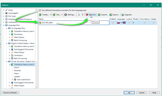 Duplicate of alt_text_4, Trados Studio language pairs options with a green arrow indicating where to click to adjust settings.