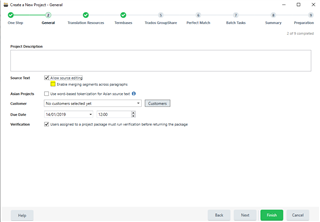 Trados Studio Project Creation Wizard with the option 'Track changes across paragraphs' checked and 'Enable merging segments across paragraphs' unchecked.