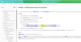 Screenshot of Trados Studio 2019 online Help page, highlighting the section on 'Enabling and disabling segment merge across paragraphs' with no visible errors.
