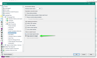 Trados Studio Global Settings window showing 'No match found' option selected under 'Automation settings'.