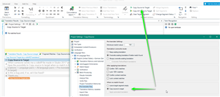 Trados Studio Project Settings window with 'No match found- Copy to Source' option highlighted.