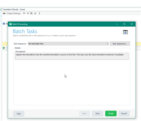 Trados Studio Batch Tasks window for Pre-translate Files task with no visible errors or warnings.