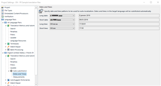 Trados Studio Project Settings window showing Auto-substitution settings for dates and times in the English-French language pair.