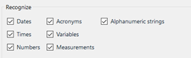 Trados Studio Recognize settings with checkboxes for Dates, Acronyms, Alphanumeric strings, Times, Variables, Numbers, and Measurements.