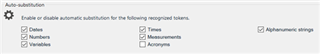 Auto-substitution settings in Trados Studio with checkboxes for Dates, Numbers, Variables, Times, Measurements, and Acronyms.