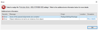 Error message in Trados Studio stating 'Failed to realign file' with details showing two errors: 'Some of the passed alignments are complex' and 'Object reference not set to an instance of an object'.