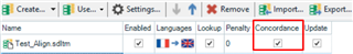 Trados Studio screenshot showing a list of translation memories with the 'Concordance' column highlighted, indicating the feature is disabled for 'Test_Align.sdlm'.