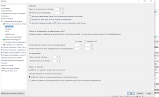 Trados Studio 2017 Editor options window showing Concordance Search settings with the first option checked to perform search if TM lookup returns no results.