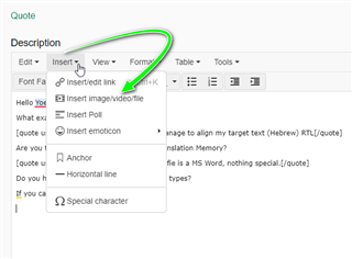 Screenshot showing a forum post with a user asking for help on aligning Hebrew text RTL in Trados Studio, with an arrow pointing to the 'Insert imagevideofile' option.