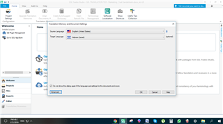 Trados Studio screenshot showing the 'Options' dialog box with 'Editor' selected and 'Alignment' settings visible. The 'Target language' dropdown is set to 'Hebrew (Israel)' with no visible errors.