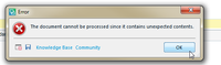 Error message in Trados Studio stating 'The document cannot be processed since it contains unexpected contents.' with an OK button.