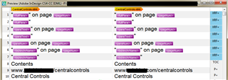 Trados Studio Preview mode displaying a comparison of original and translated text with highlighted segments indicating 'on page' references and a section labeled 'Contents'. No visible errors or warnings.