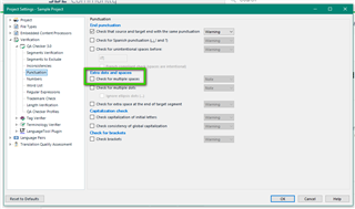 Trados Studio Project Settings window showing QA Checker options with 'Check for multiple spaces' option highlighted.