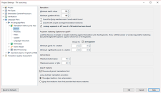 Screenshot of Trados Studio project settings with TM search options, no visible errors.
