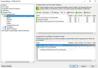 Screenshot of Trados Studio 2014 Project Settings window showing an error message 'This translation memory will not be used for the following language pairs' with a list of language pairs below. The 'Use different translation providers for this language pair' checkbox is not visible.