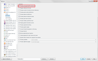 Trados Studio screenshot showing the 'Options' menu with 'Process unsupported file versions' highlighted in red.