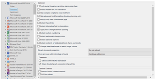 Screenshot of Trados Studio file type settings with various options like 'Ignore locked content' and 'Extract embedded objects' checked.