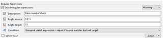 Trados Studio screenshot showing a Regular Expression search setup with a description 'Basic Number Check', a warning level, and a condition for combined search expressions.