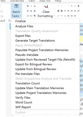 Trados Studio screenshot showing the Batch Tasks menu with options like Analyze Files, Export Files, and Apply PerfectMatch among others, with Apply PerfectMatch being unclickable.
