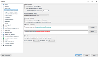 Trados Studio Options window showing Display Options with 'Show most recent translations first' checked.