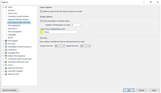 Trados Studio Options window with Search Options showing 'Perform search if the lookup returns no results' checked.