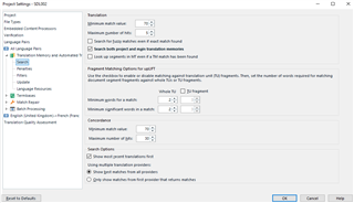 Trados Studio Project Settings window displaying Translation Memory and Automated Translation settings with 'Search for fuzzy matches even if an exact match has been found' unchecked.
