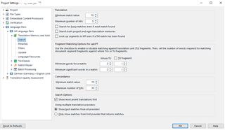 Trados Studio Project Settings window showing Translation Memory and Automated Translation settings with 'Match Repair' checked.