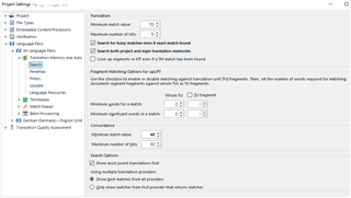 Trados Studio Project Settings window with Translation Memory and Automated Translation settings, 'Show most recent translations first' checked.