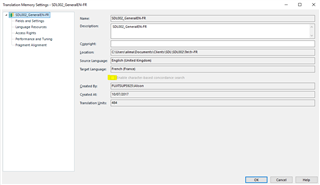 Trados Studio Translation Memory Settings window for a specific TM with 'Enable character-based concordance search' unchecked.