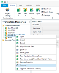 Trados Studio Translation Memories window with a list of TMs and options like 'Open', 'Import', and 'Settings'.