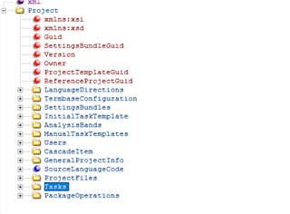 XML tree view of a Trados Studio project file showing the 'tasks' node expanded with no visible errors.