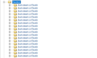 List of 'AutomaticTask' entries within the 'tasks' node of a Trados Studio project file, indicating chronological order.