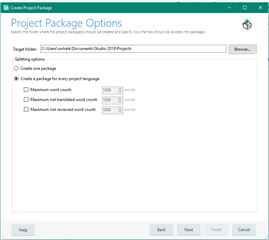 Trados Studio Create Project Package window showing options to create a package for every project language.