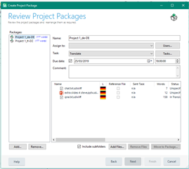 Trados Studio Review Project Packages window with a package list, showing a package named 'Project_1.qe' with an error icon next to the German flag.