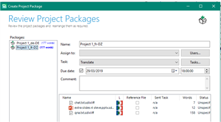 Trados Studio Review Project Packages window displaying a selected package 'Project_1.qe' with a due date set for 30092019 and an error icon next to a file named 'en-de.sdlxliff'.
