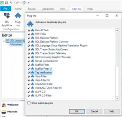 Trados Studio Add-ins window showing a list of plugins with checkboxes. TOMTOM plugin is not visible in the list.
